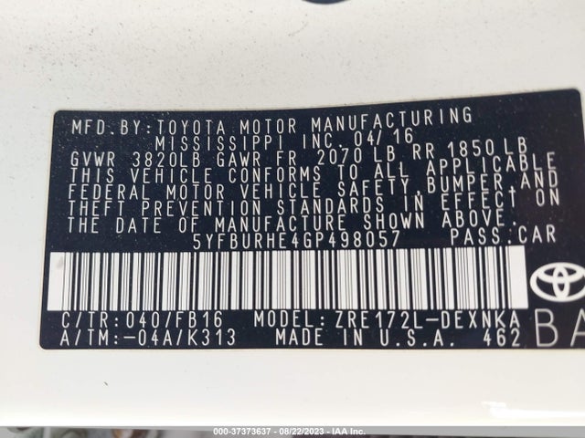 Toyota Corolla L/le/s/s Plus/le Plus 2016 5YFBURHE4GP498057 Image 16