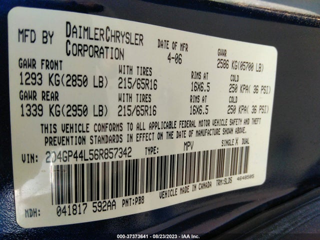 2006 DODGE GRAND CARAVAN SXT VIN: 2D4GP44L56R857342