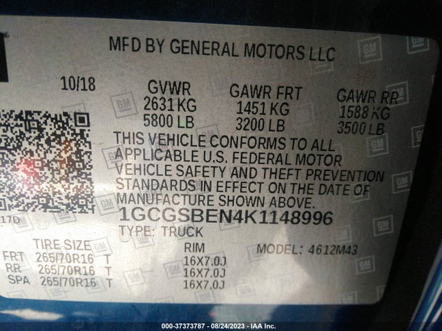 2019 CHEVROLET COLORADO WT VIN: 1GCGSBEN4K1148996