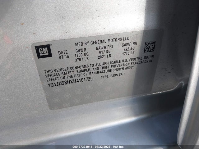 Aukcja sprzedaży 2017 Chevrolet Sonic Lt Auto, vin: 1G1JD5SHXH4101729, numer aukcji: 37373918