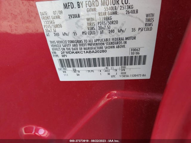 2010 FORD EDGE LIMITED VIN: 2FMDK4KC1ABA20280