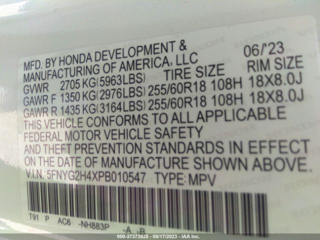 5FNYG2H4XPB010547 Honda Pilot Ex-l 8 Passenger