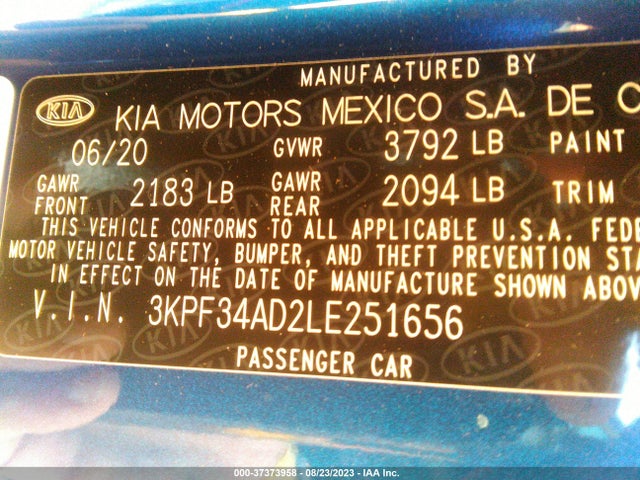 2020 KIA FORTE GT LINE VIN: 3KPF34AD2LE251656