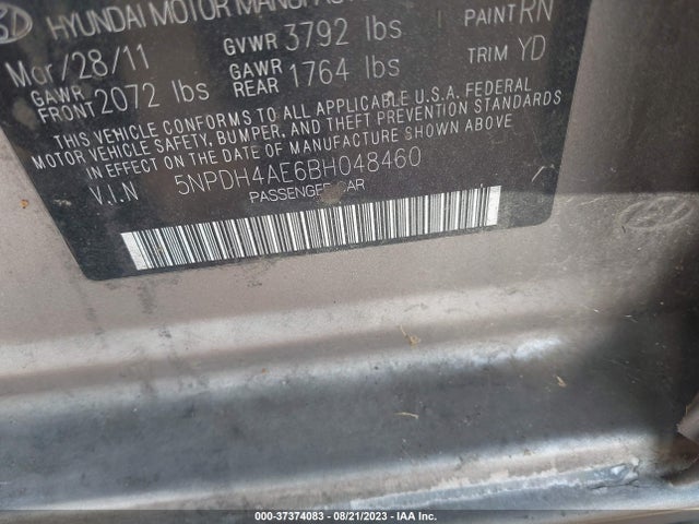 2011 HYUNDAI ELANTRA LTD VIN: 5NPDH4AE6BH048460