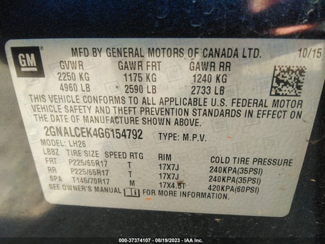 Chevrolet EQUINOX LT 2016 2GNALCEK4G6154792 Image 15