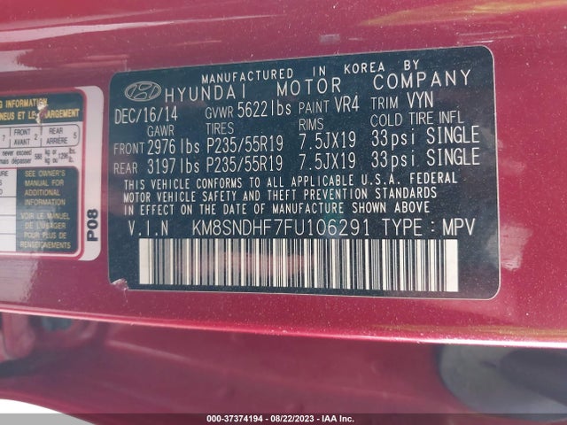 Hyundai Santa Fe Gls 2015 KM8SNDHF7FU106291 Image 9