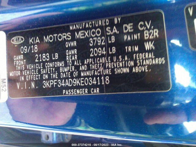 3KPF34AD9KE034118 KIA FORTE S