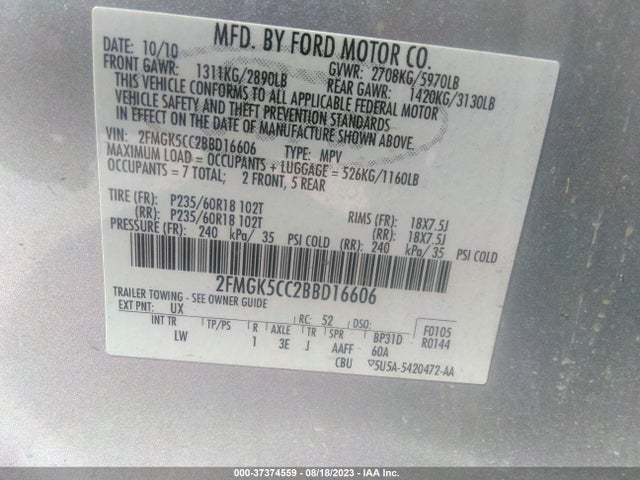 2011 FORD FLEX SEL VIN: 2FMGK5CC2BBD16606