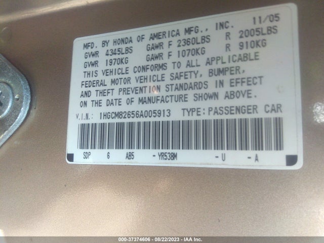 2006 HONDA ACCORD CPE EX-L V6 VIN: 1HGCM82656A005913