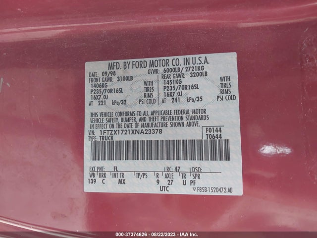 1999 FORD F-150 VIN: 1FTZX1721XNA23378