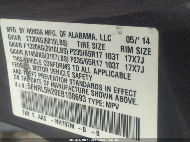 Honda ODYSSEY LX 2014 5FNRL5H20EB108693 Image 9
