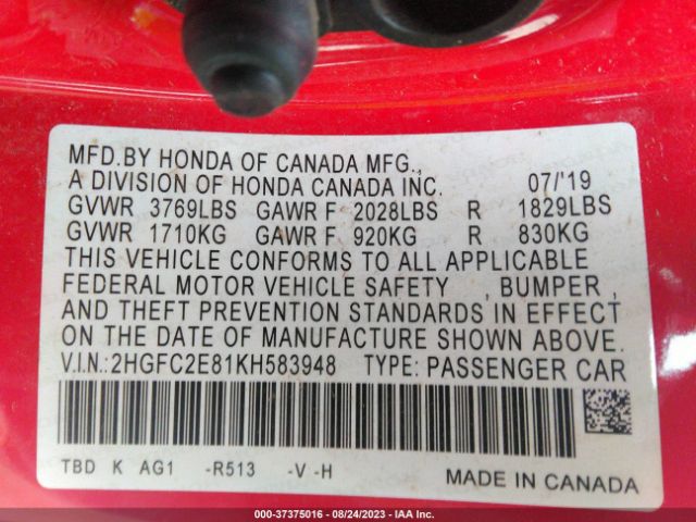 2HGFC2E81KH583948 Honda Civic Sedan Sport