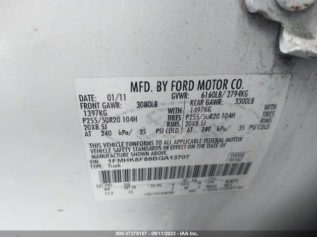 2011 FORD EXPLORER LIMITED VIN: 1FMHK8F88BGA13707