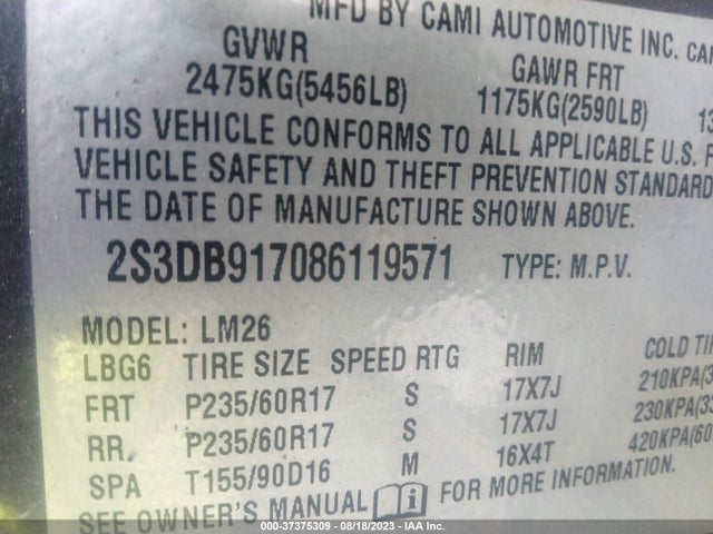 2008 SUZUKI XL7 LIMITED VIN: 2S3DB917086119571