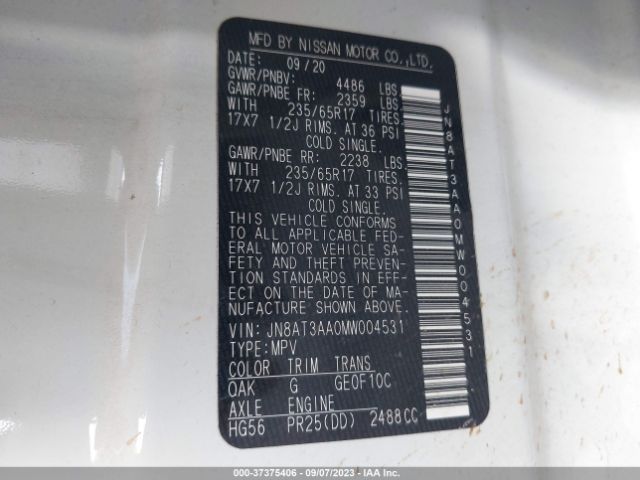 JN8AT3AA0MW004531 Nissan ROGUE S