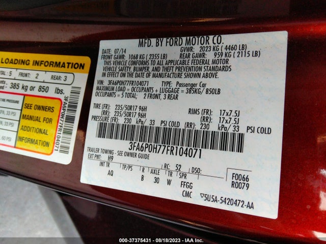 Ford FUSION SE 2015 3FA6P0H77FR104071 Image 9
