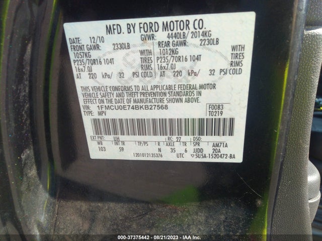 2011 FORD ESCAPE LIMITED VIN: 1FMCU0E74BKB27568