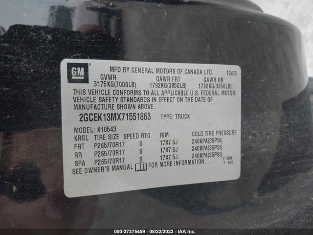 2007 CHEVROLET SILVERADO 1500 LT W/1LT VIN: 2GCEK13MX71551863