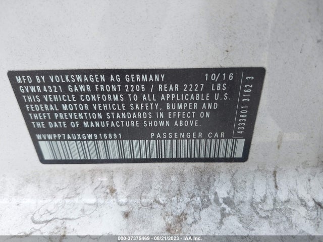 2016 Volkswagen Golf, VIN: WVWPP7AUXGW916891