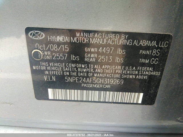 2016 HYUNDAI SONATA 2.4L SE VIN: 5NPE24AF5GH319269
