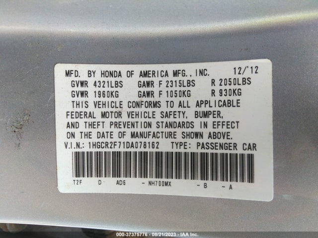 2013 HONDA ACCORD SDN EX VIN: 1HGCR2F71DA078162