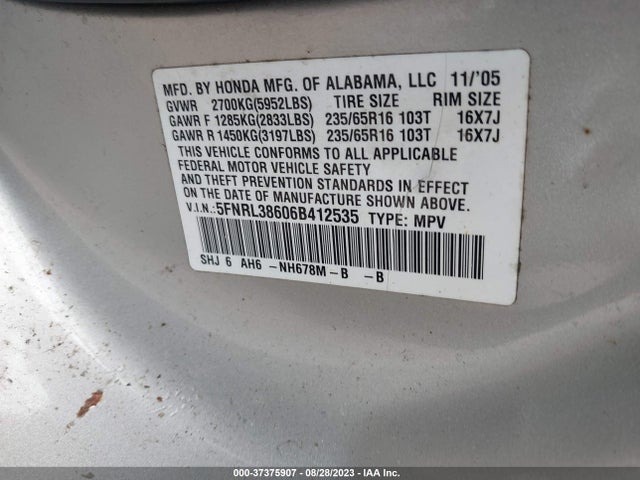 2006 HONDA ODYSSEY EX-L VIN: 5FNRL38606B412535