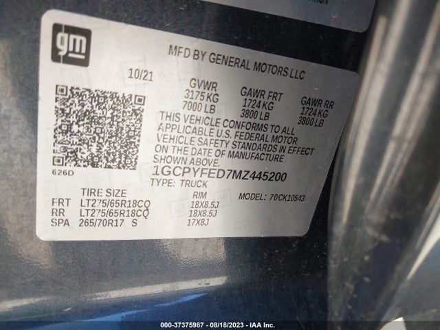 Chevrolet Silverado 1500 Lt Trail Boss 2021 1GCPYFED7MZ445200 Image 9