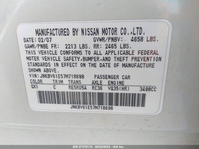 2007 INFINITI G35 SEDAN JOURNEY VIN: JNKBV61E57M718698