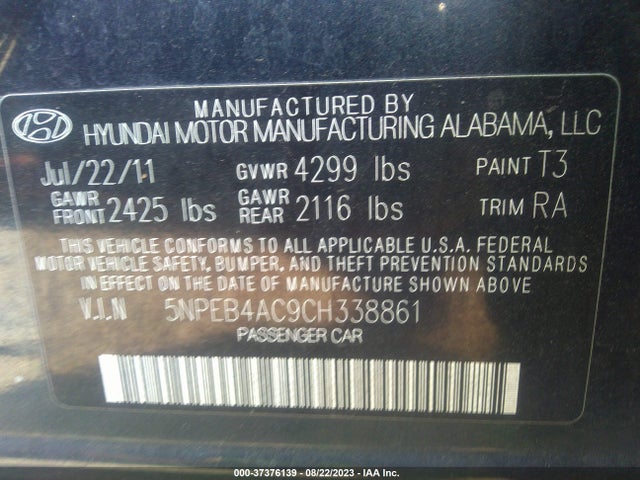 2012 HYUNDAI SONATA GLS PZEV VIN: 5NPEB4AC9CH338861