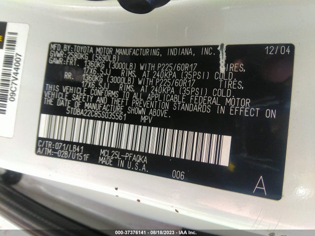 2005 TOYOTA SIENNA XLE VIN: 5TDBA22C85S035561