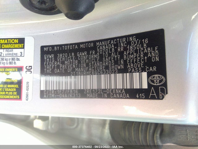2016 TOYOTA COROLLA L/LE/S/S PLUS/LE PLUS VIN: 2T1BURHE6GC633023