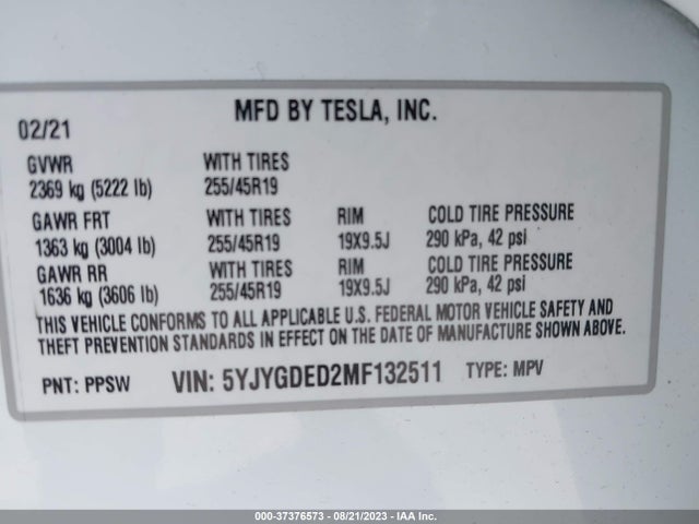 5YJYGDED2MF132511 Tesla Model Y Standard Range