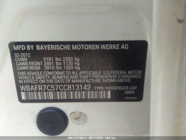 2012 BMW 5 SERIES 535I VIN: WBAFR7C57CC813142