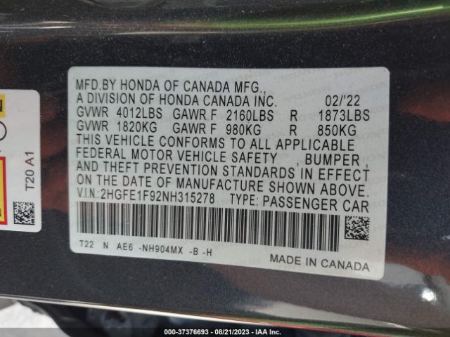 2HGFE1F92NH315278 Honda Civic Sedan Touring