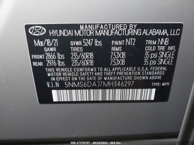 2021 HYUNDAI SANTA FE SEL VIN: 5NMS6DAJ7MH346297