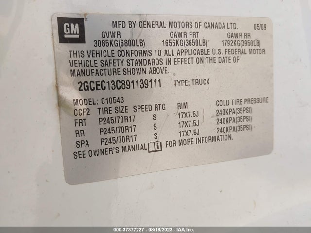 2009 CHEVROLET SILVERADO 1500 LS VIN: 2GCEC13C891139111