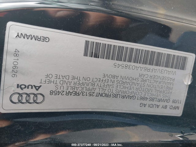 2010 AUDI S5 PRESTIGE VIN: WAU3VAFR6AA038545