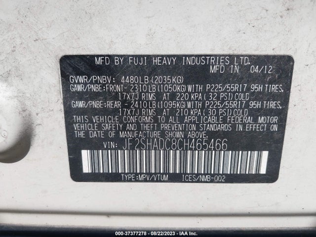 2012 SUBARU FORESTER 2.5X PREMIUM VIN: JF2SHADC8CH465466