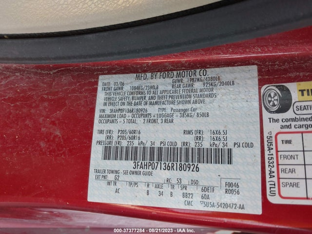 2006 FORD FUSION SE VIN: 3FAHP07136R180926