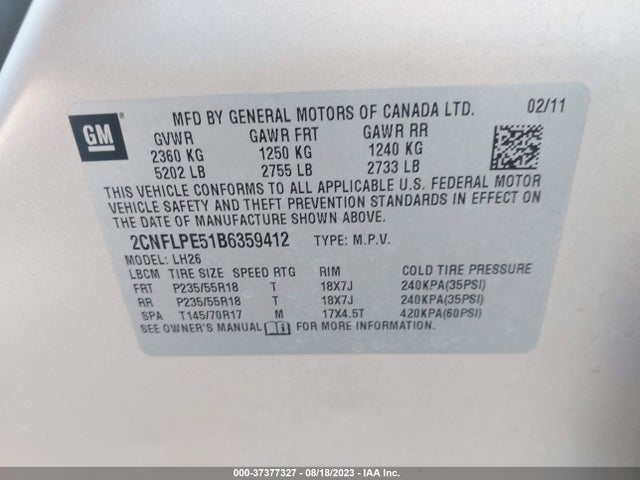 2011 CHEVROLET EQUINOX 2LT VIN: 2CNFLPE51B6359412