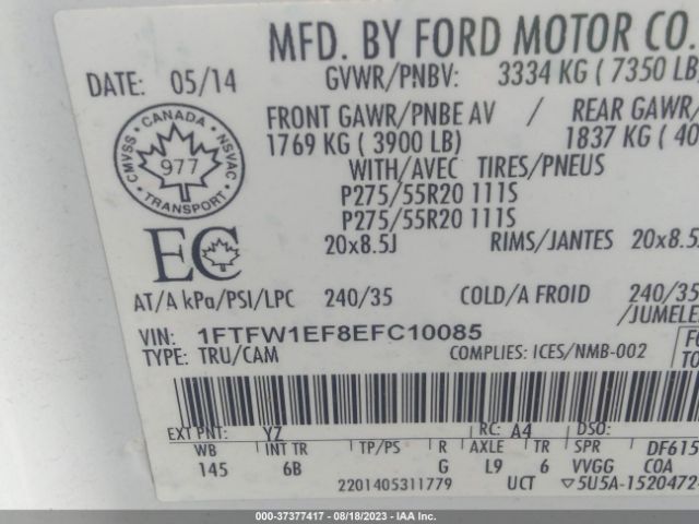 1FTFW1EF8EFC10085 Ford F-150 Xl/xlt/stx/fx4/lariat
