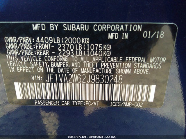 2018 SUBARU WRX STI LIMITED VIN: JF1VA2W62J9830248