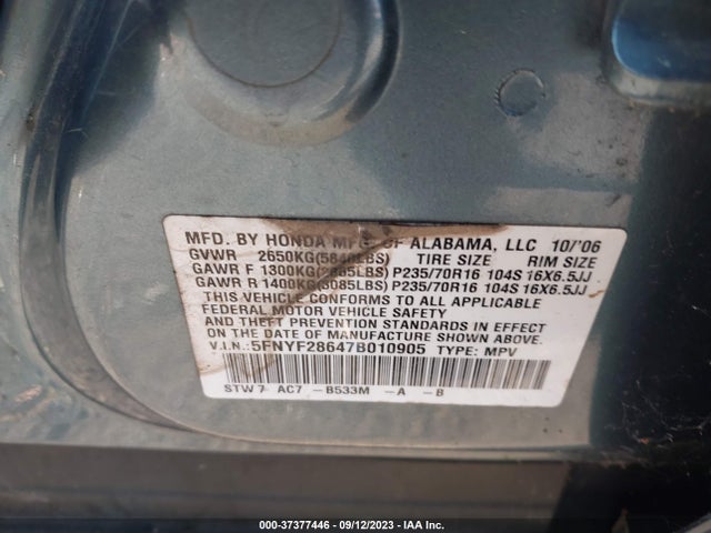 2007 HONDA PILOT EX-L VIN: 5FNYF28647B010905