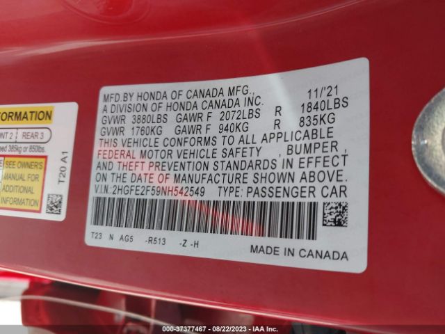 2HGFE2F59NH542549 Honda Civic Sedan Sport