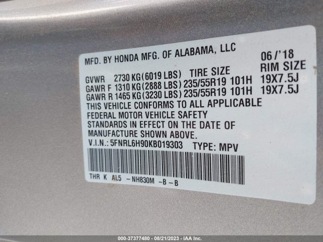 Honda Odyssey Elite 2019 5FNRL6H90KB019303 Image 9