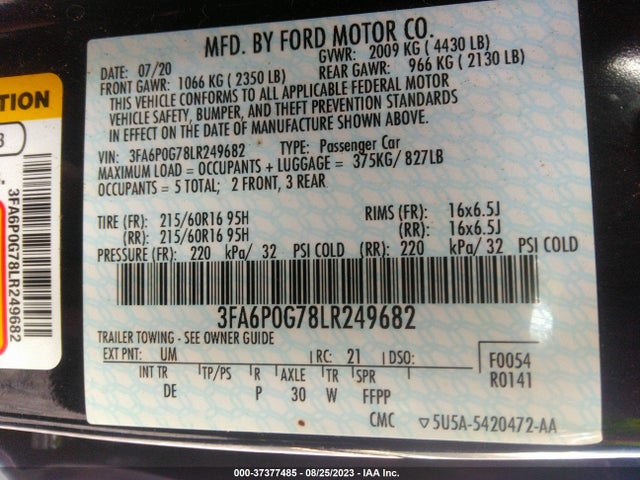 2020 FORD FUSION S VIN: 3FA6P0G78LR249682