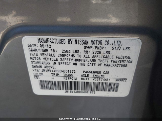 2013 INFINITI M37 VIN: JN1BY1AR9DM601672