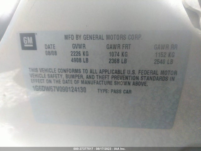 2009 CADILLAC STS RWD W/1SB VIN: 1G6DW67V090124130