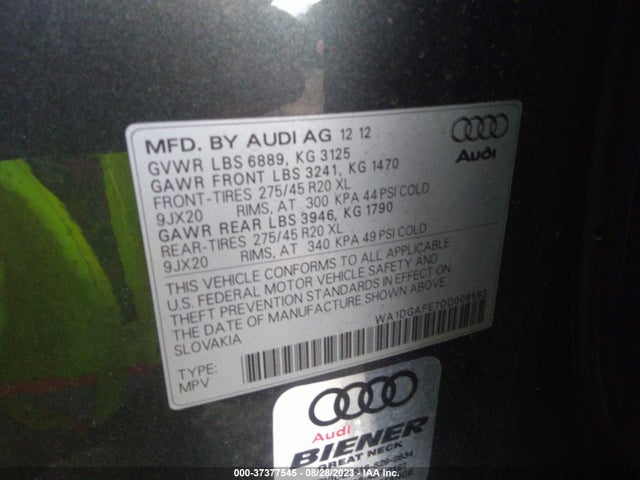 2013 AUDI Q7 3.0T S LINE PRESTIGE VIN: WA1DGAFE7DD009583
