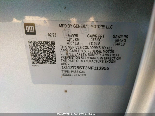 2022 CHEVROLET MALIBU LT VIN: 1G1ZD5ST3NF113955